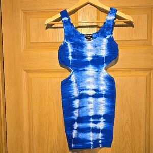 bebe Blue and White Tie-Dye Cutout Mini Dress
